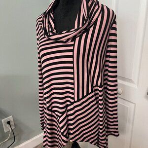 Asymetrical cowl neck jersey tunic with panels of black and pink stripes